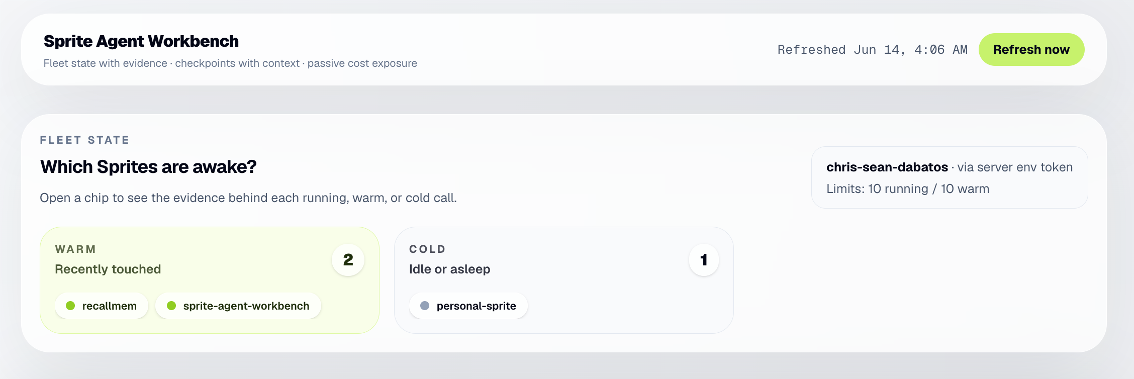Sprite Agent Workbench showing fleet state and warm/cold Sprite status