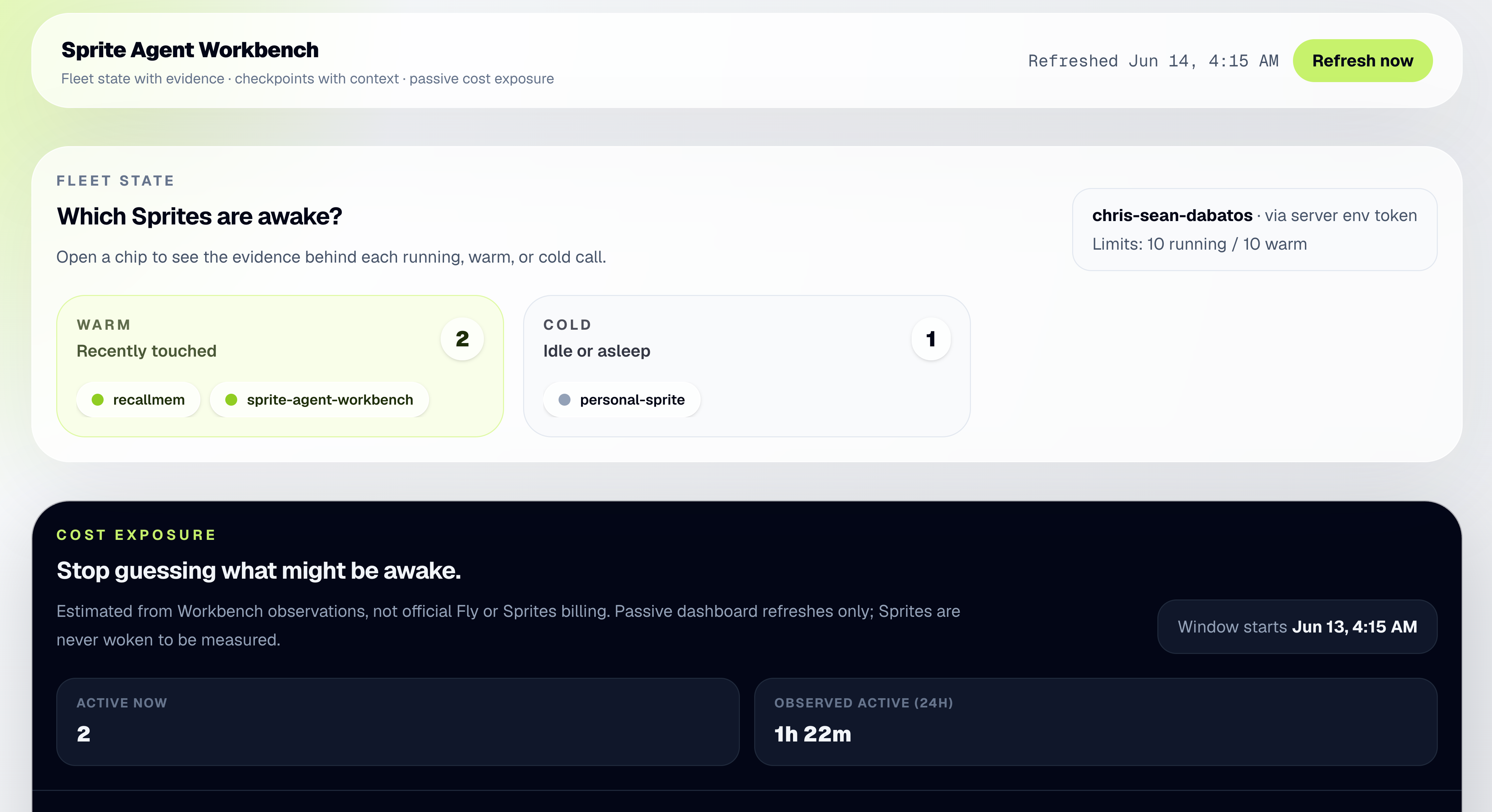 Sprite Agent Workbench showing fleet state and cost exposure