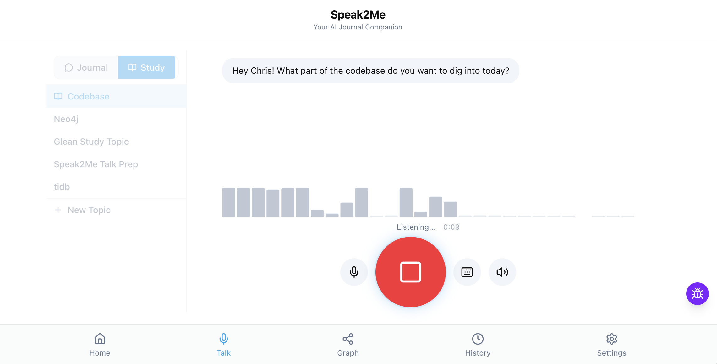 Speak2Me study mode interface showing voice-first AI tutor with topic sidebar and audio waveform